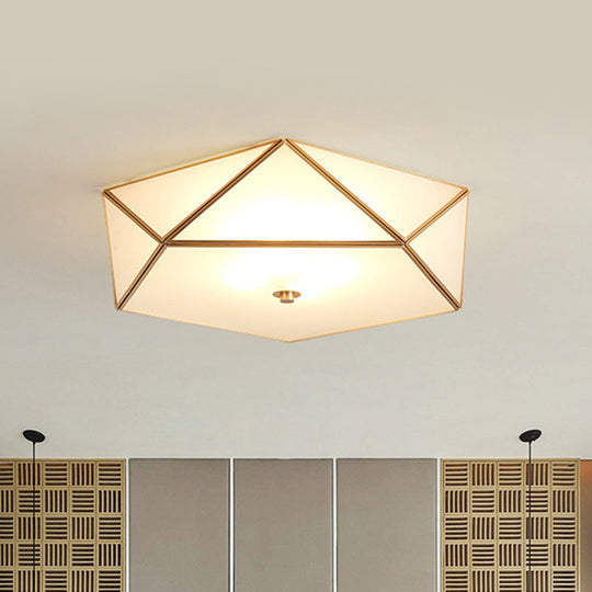Gold Flush Mount Ceiling Light - Beveled Box Hotel Design Frosted White Glass Post-Modern Style