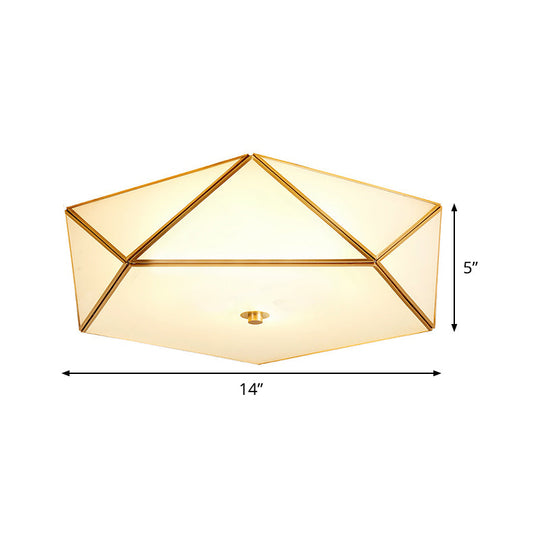 Gold Flush Mount Ceiling Light - Beveled Box Hotel Design Frosted White Glass Post - Modern Style