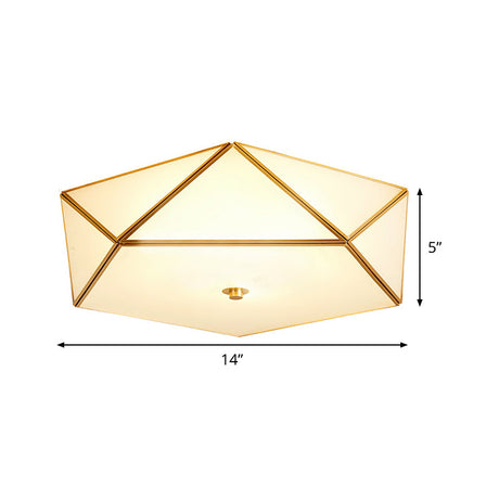 Gold Flush Mount Ceiling Light - Beveled Box Hotel Design Frosted White Glass Post-Modern Style