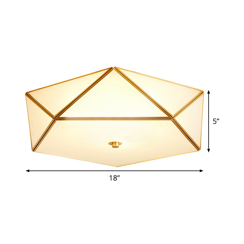Gold Flush Mount Ceiling Light - Beveled Box Hotel Design Frosted White Glass Post - Modern Style