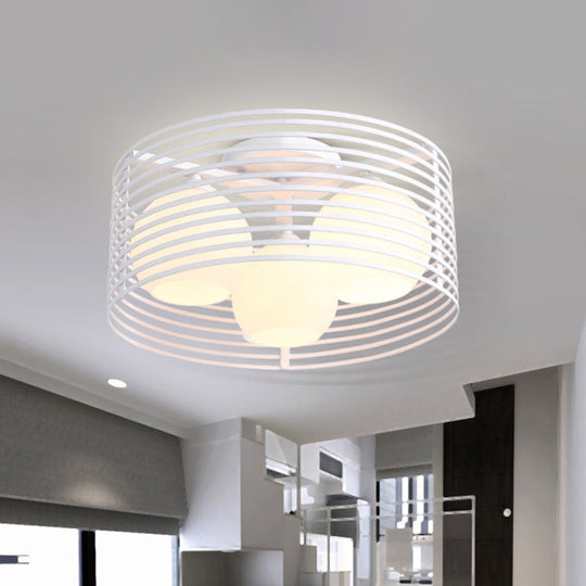 Contemporary Milk Glass Dome Flushmount: 3 - Head Flush Mount Ceiling Light With Black/White Drum