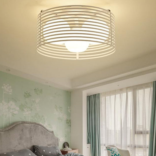 Contemporary Milk Glass Dome Flushmount: 3 - Head Flush Mount Ceiling Light With Black/White Drum