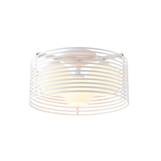Contemporary Milk Glass Dome Flushmount: 3-Head Flush Mount Ceiling Light With Black/White Drum Cage