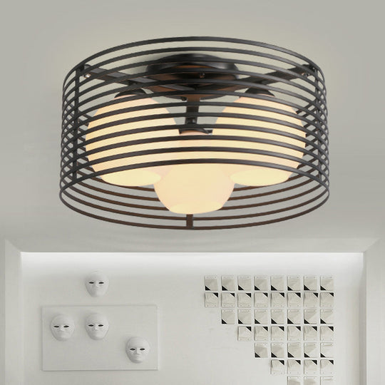 Contemporary Milk Glass Dome Flushmount: 3 - Head Flush Mount Ceiling Light With Black/White Drum
