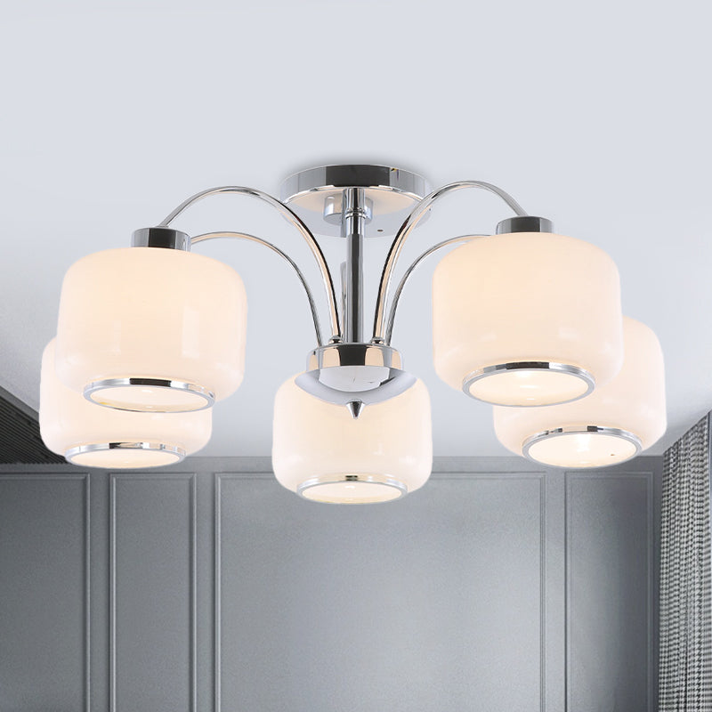 Modern Chrome Arched Semi Flush Light With 5 Metal Heads And Opal Glass Shade
