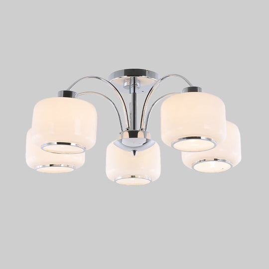 Modern Chrome Arched Semi Flush Light With 5 Metal Heads And Opal Glass Shade
