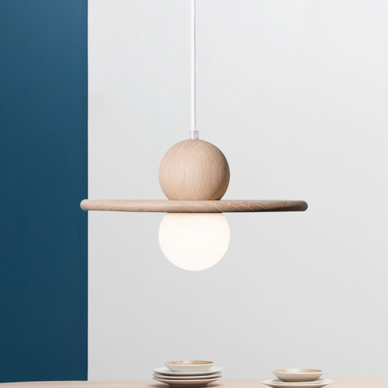 Minimalist Wood Plate Pendant Ceiling Light - Single Head Beige Hanging Lamp For Dining Room