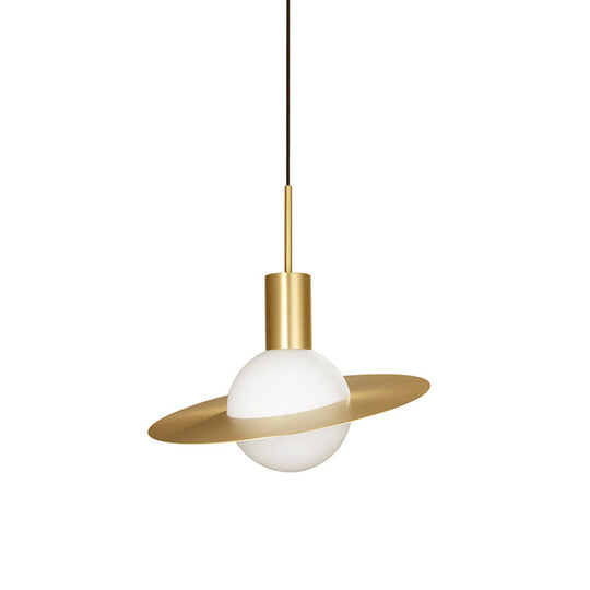 Gold Planetoid Hanging Light - Postmodern Opaline Glass Pendant For Table