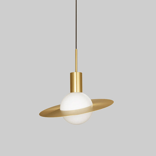 Gold Planetoid Hanging Light - Postmodern Opaline Glass Pendant For Table