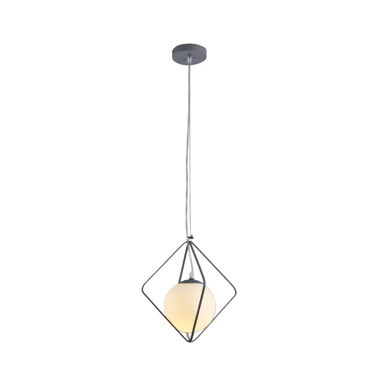 Minimalist Green/Grey Rhombus Cage Pendant Light With Milk Glass Shade - Single Head Iron Hanging