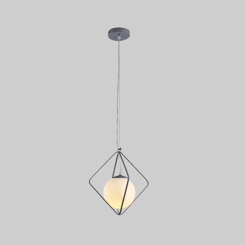 Minimalist Green/Grey Rhombus Cage Pendant Light With Milk Glass Shade - Single Head Iron Hanging