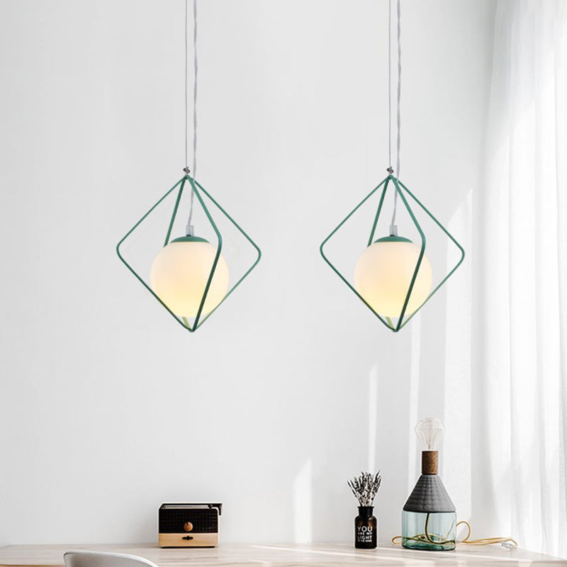 Minimalist Green/Grey Rhombus Cage Pendant Light With Milk Glass Shade - Single Head Iron Hanging