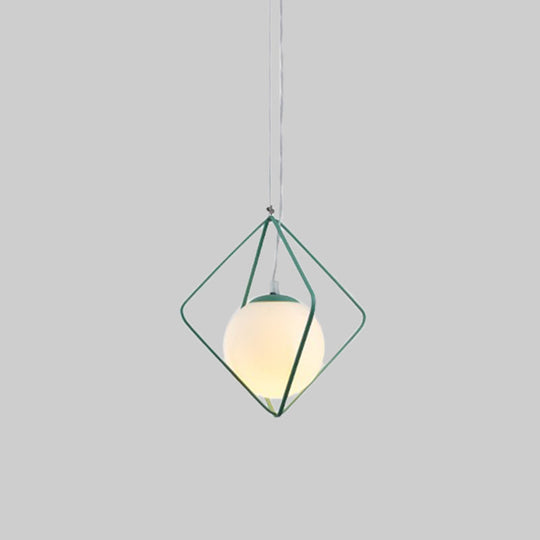 Minimalist Green/Grey Rhombus Cage Pendant Light With Milk Glass Shade - Single Head Iron Hanging