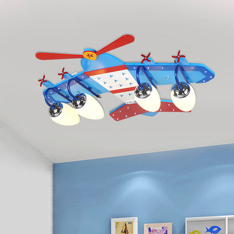 Blue Plane Ivory Glass Flushmount Lighting For Boys Bedroom - 3/4 Heads Ceiling Fixture 4 /