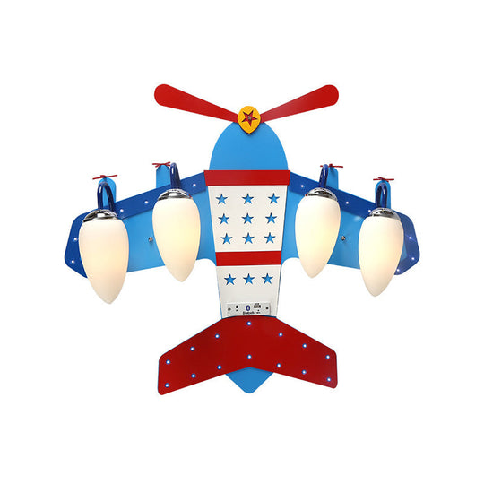 Blue Plane Ivory Glass Flushmount Lighting For Boys Bedroom - 3/4 Heads Ceiling Fixture