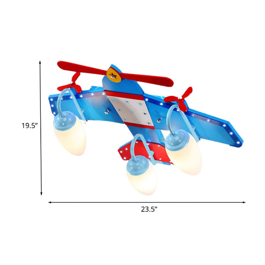 Blue Plane Ivory Glass Flushmount Lighting For Boys Bedroom - 3/4 Heads Ceiling Fixture