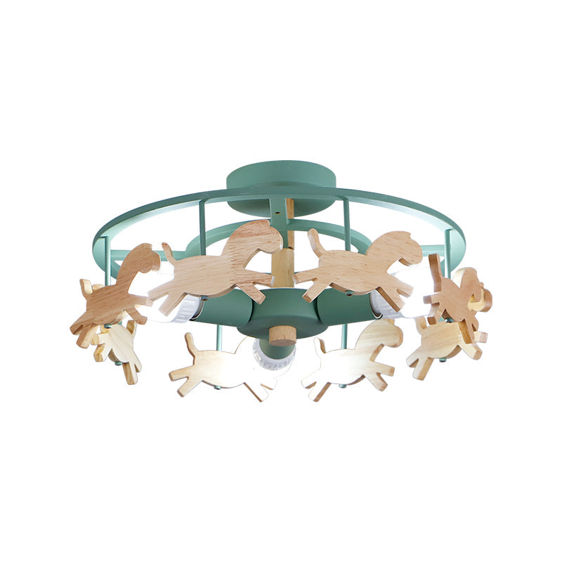 Round Semi-Flush Ceiling Light Macaroon 3-Bulb Grey/White/Green - Wooden Horse Design