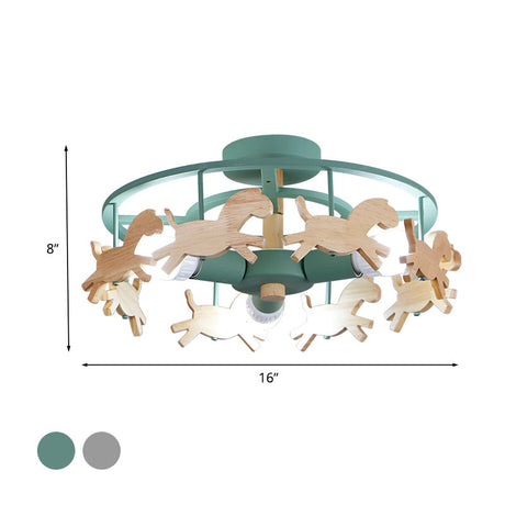 Round Semi-Flush Ceiling Light Macaroon 3-Bulb Grey/White/Green - Wooden Horse Design