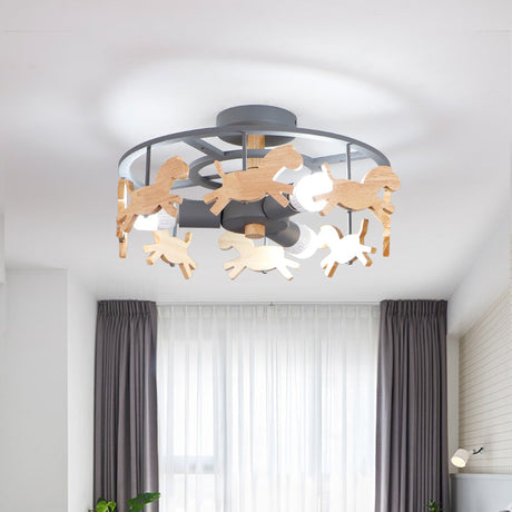 Round Semi-Flush Ceiling Light Macaroon 3-Bulb Grey/White/Green - Wooden Horse Design