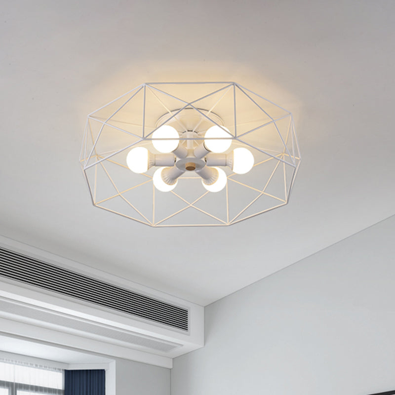 Nordic Iron Flush Mount Ceiling Light With Hexagon Cage | White| 3/6 Bare Bulb - Lit Fixtures