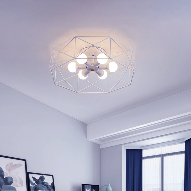 Nordic Iron Flush Mount Ceiling Light With Hexagon Cage | White| 3/6 Bare Bulb-Lit Fixtures 6 /