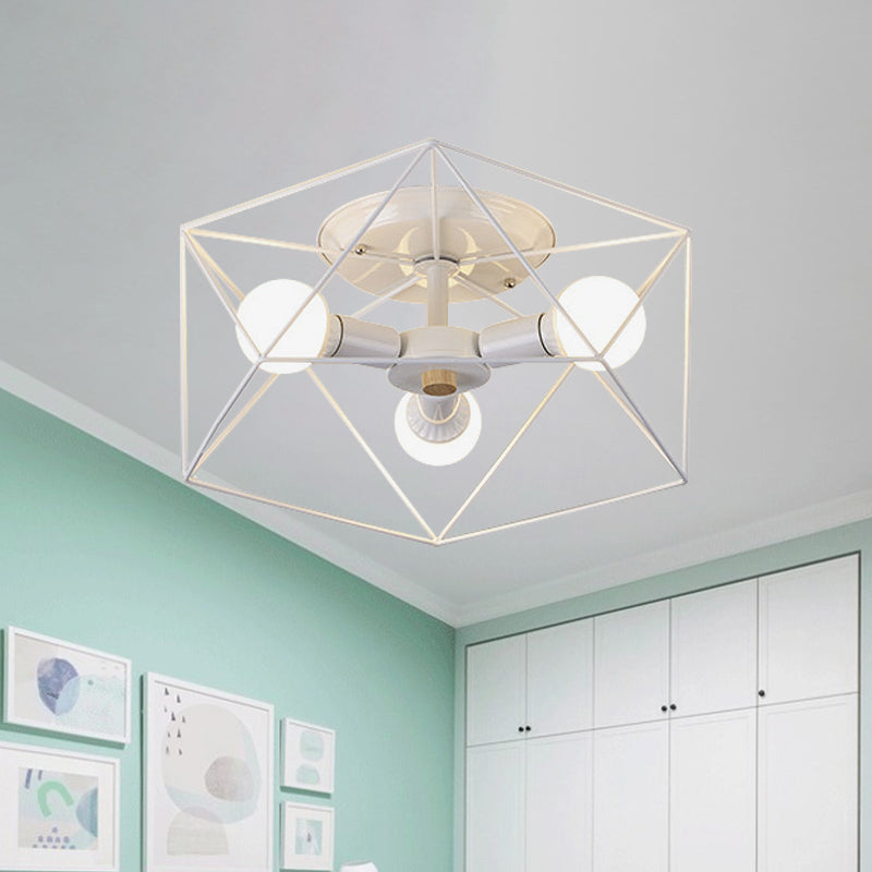 Nordic Iron Flush Mount Ceiling Light With Hexagon Cage | White| 3/6 Bare Bulb - Lit Fixtures