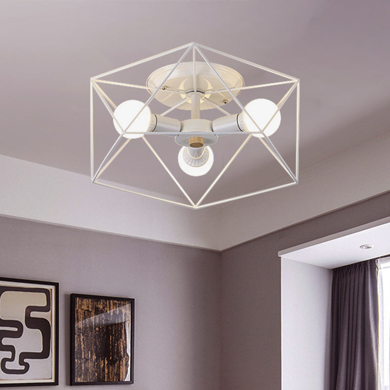 Nordic Iron Flush Mount Ceiling Light With Hexagon Cage | White| 3/6 Bare Bulb-Lit Fixtures 3 /