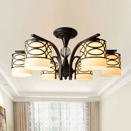 Rustic Opal Glass Semi Flush Light Fixture - Cylinder Design With 3/6/8 Black Metallic Heads Ideal