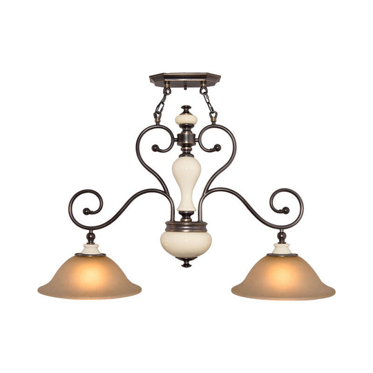 Modern Countryside Style Chandelier Light - White Glass Black Island Lamp With Flared 2 Heads And