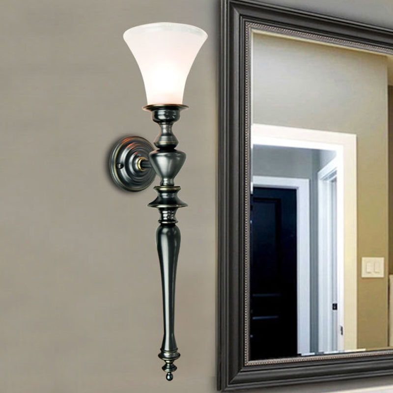 Retro Black Flared Wall Sconce: Cream Glass Linear Metal Arm - Perfect For Living Room