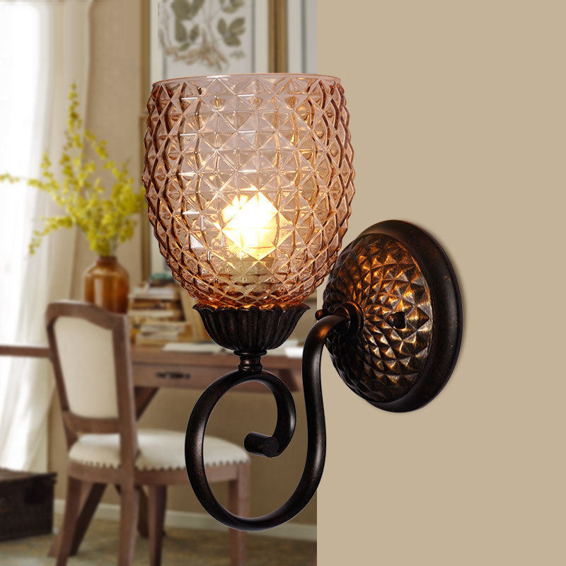 Black Ribbed Glass Tulip Wall Sconce - Traditional 1-Light Fixture For Living Room