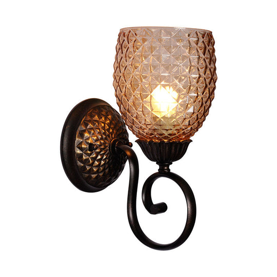 Black Ribbed Glass Tulip Wall Sconce - Traditional 1-Light Fixture For Living Room