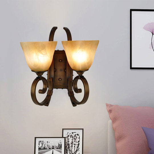 Bronze Scrolling Arm Wall Lamp With Frosted Glass - Traditional Bell Sconce Lighting Dual Bulb Mount