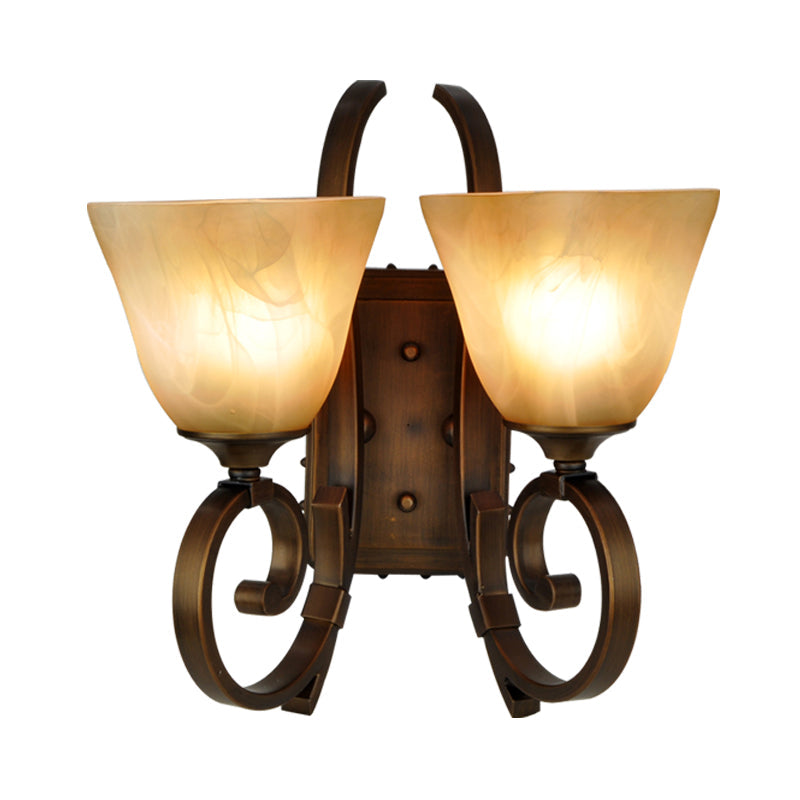 Bronze Scrolling Arm Wall Lamp With Frosted Glass - Traditional Bell Sconce Lighting Dual Bulb Mount