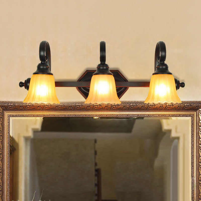 Rural Frosted Glass Vanity Lighting With Swirl Arm - Black Flared Wall Sconce (2/3 Heads)
