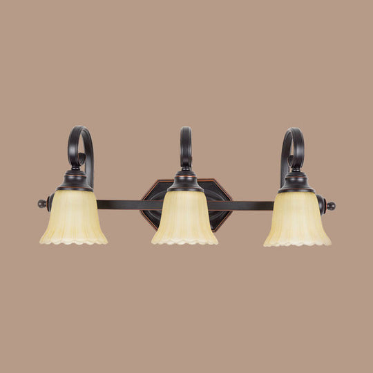 Rural Frosted Glass Vanity Lighting With Swirl Arm - Black Flared Wall Sconce (2/3 Heads)