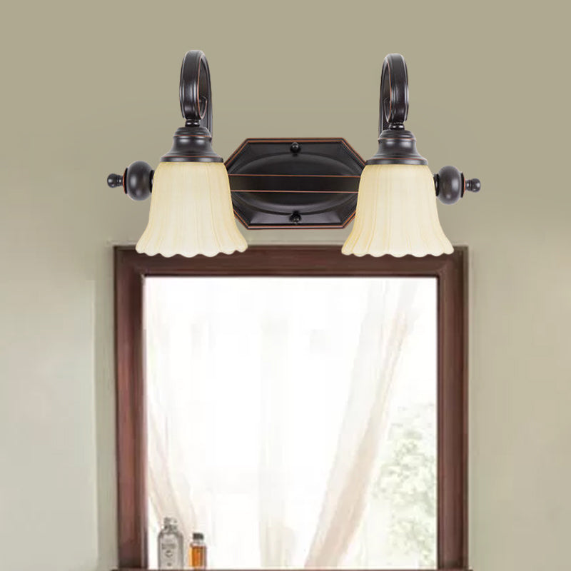 Rural Frosted Glass Vanity Lighting With Swirl Arm - Black Flared Wall Sconce (2/3 Heads) 2 /