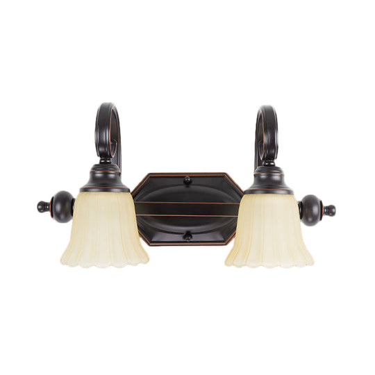 Rural Frosted Glass Vanity Lighting With Swirl Arm - Black Flared Wall Sconce (2/3 Heads)
