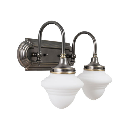 Rustic Black Schoolhouse Vanity Lighting: Opal Glass Wall Lamp With Metal Curved Arm - 2 Head