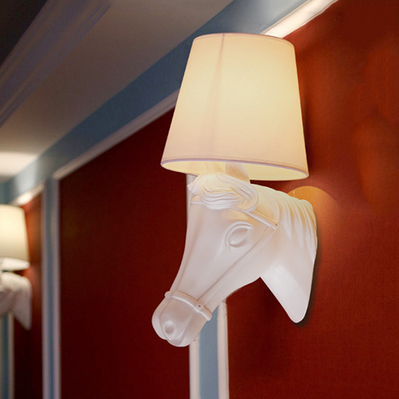 Vintage Barrel Sconce Wall Light With Horse Head Design - White Fabric Lamp Shade 1 Bulb