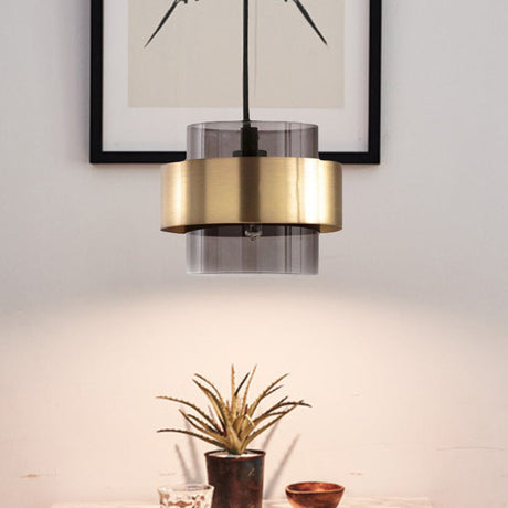 Mid Century Single-Bulb Pendant Light With Smoke Grey Glass And Gold Ring Guard - Ideal For Hanging