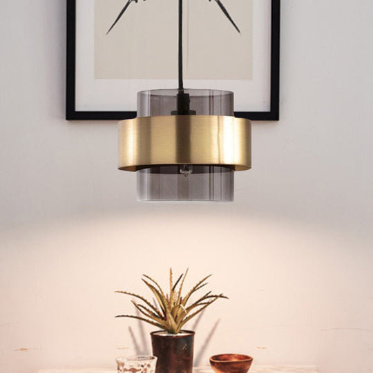 Mid Century Single-Bulb Pendant Light With Smoke Grey Glass And Gold Ring Guard - Ideal For Hanging