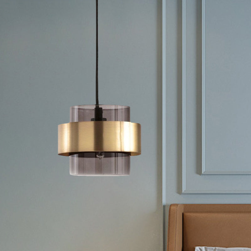 Mid Century Smoke Grey Glass Pillar Pendant Light With Gold Ring Guard - Single-Bulb Hanging