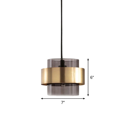 Mid Century Single-Bulb Pendant Light With Smoke Grey Glass And Gold Ring Guard - Ideal For Hanging