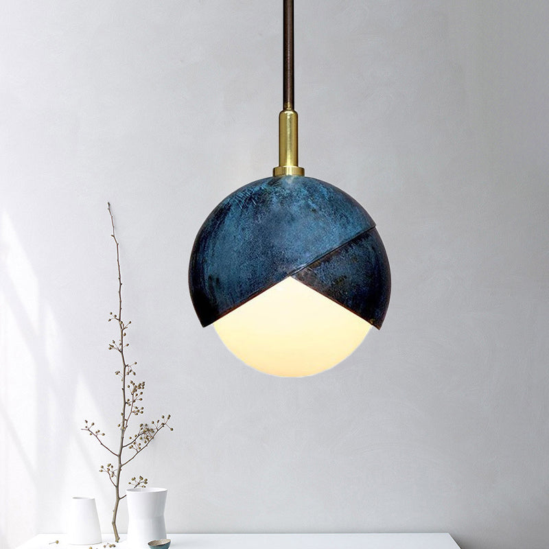 Vintage Milk Glass Pendant Light With Blue Double Dome Cap - Mini Globe Hanging Ceiling Lamp