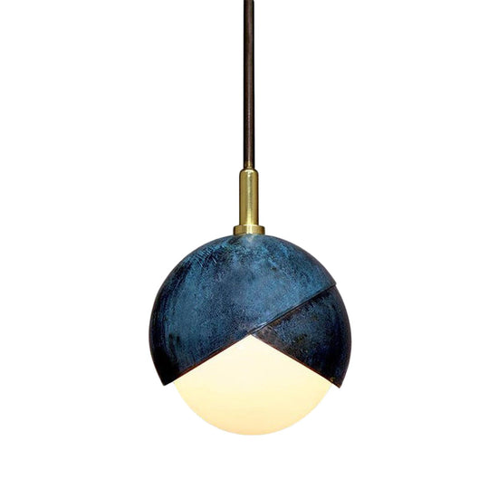 Vintage Milk Glass Pendant Light With Blue Double Dome Cap - Mini Globe Hanging Ceiling Lamp