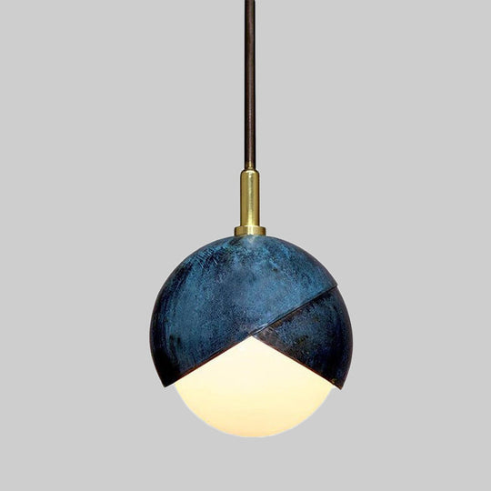 Vintage Milk Glass Pendant Light With Blue Double Dome Cap - Mini Globe Hanging Ceiling Lamp
