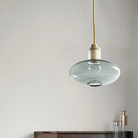 Mid Century Blue Glass Oval Hanging Light - Brass Accents Dining Room Pendant Lighting 1 Bulb Gold