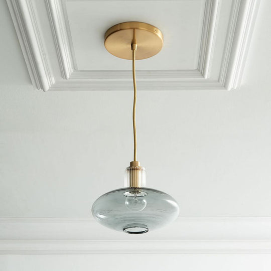 Mid Century Blue Glass Oval Hanging Light - Brass Accents Dining Room Pendant Lighting 1 Bulb
