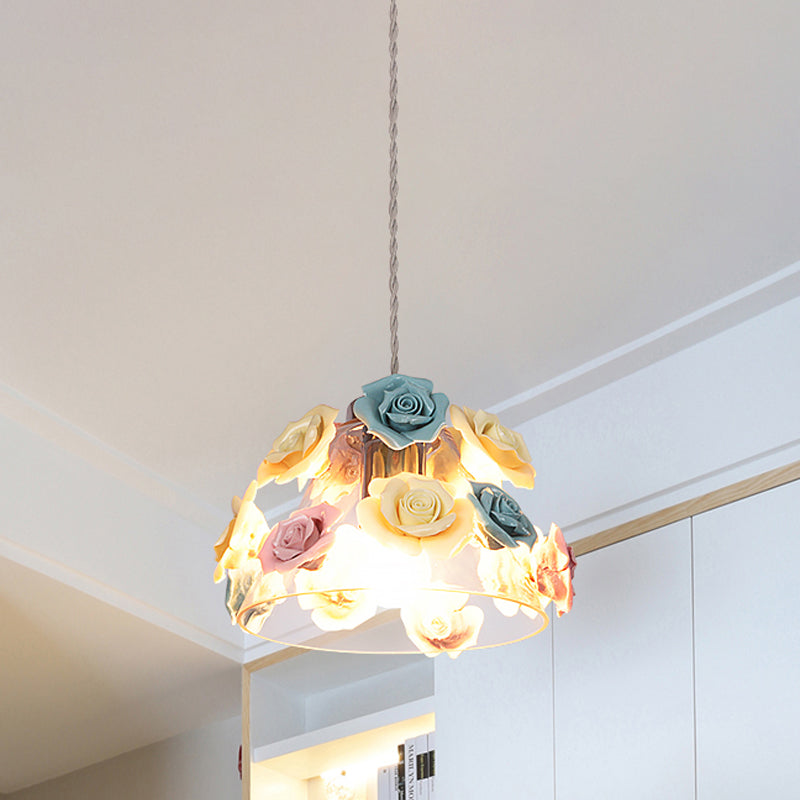 Modern Glass Hanging Lamp With Flower Decor - 1-Light Pendant In Conical Shape Colorful Accents